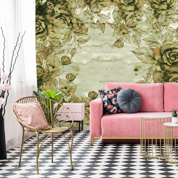 Tapeta z kwiatami róż w zielonym kolorze