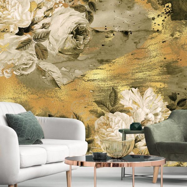 Zielono złota tapeta z kwiatami