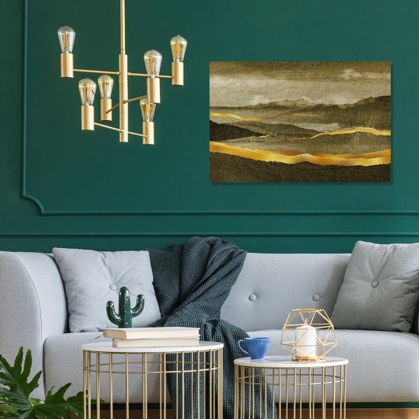 Brązowy obraz z krajobrazem i żółtymi detalami