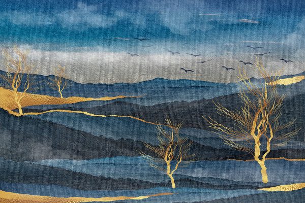 Granatowy obraz z krajobrazem do salonu