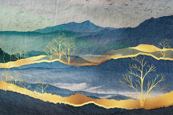 Obraz z widokiem na wzgórza i pojedyncze drzewa