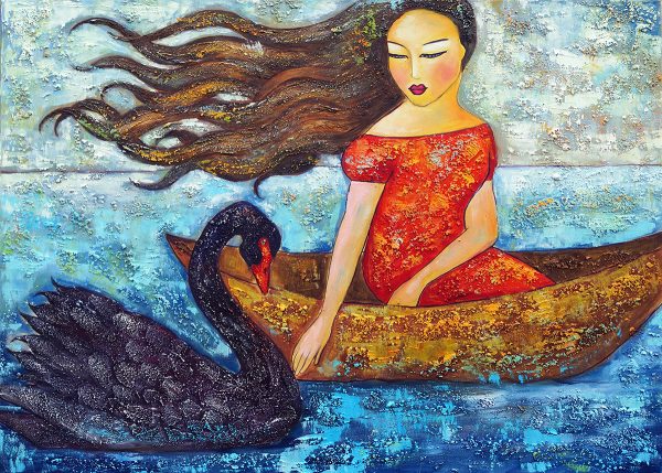 Obraz z czarnym łabędziem i dziewczyną na łódce