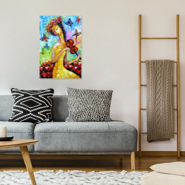 Obraz z dziewczyna wśród kwiatów i motyli