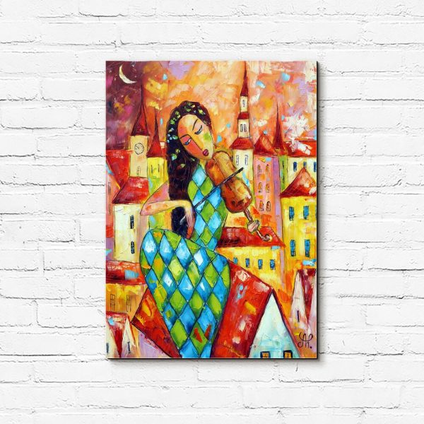 Obraz z grającą kobietą nocą