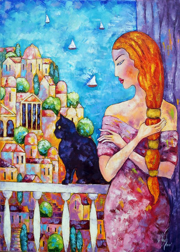 Obraz z kobietą i czarnym kotem