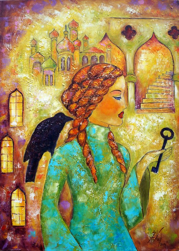 Obraz z krukiem i kluczem