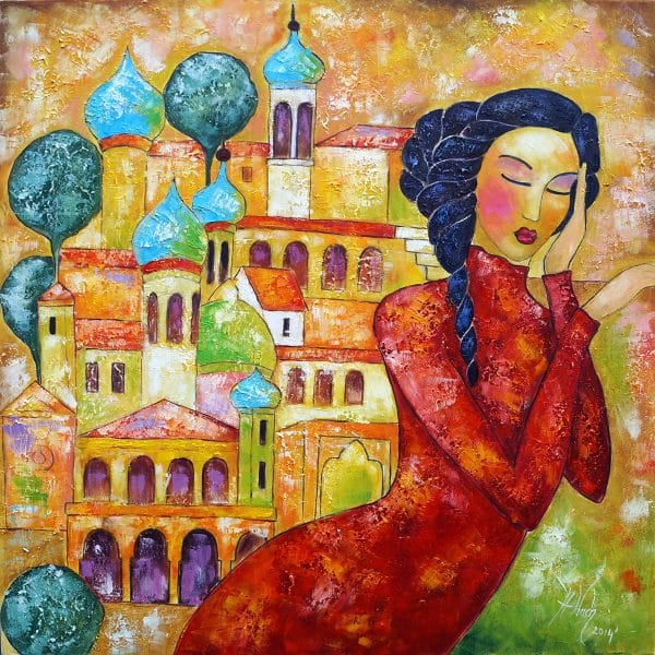 Obraz z miastem i śpiącą kobietą