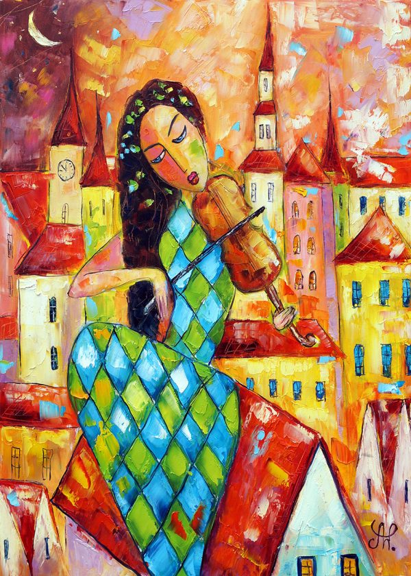 Obraz ze skrzypaczką na dachu