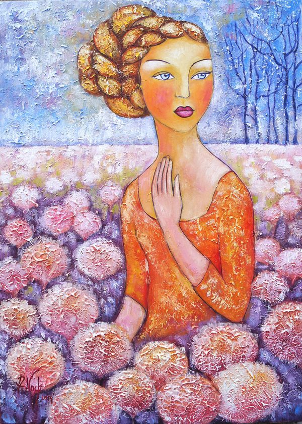 Reprodukcja z dziewczyną w dmuchawcach