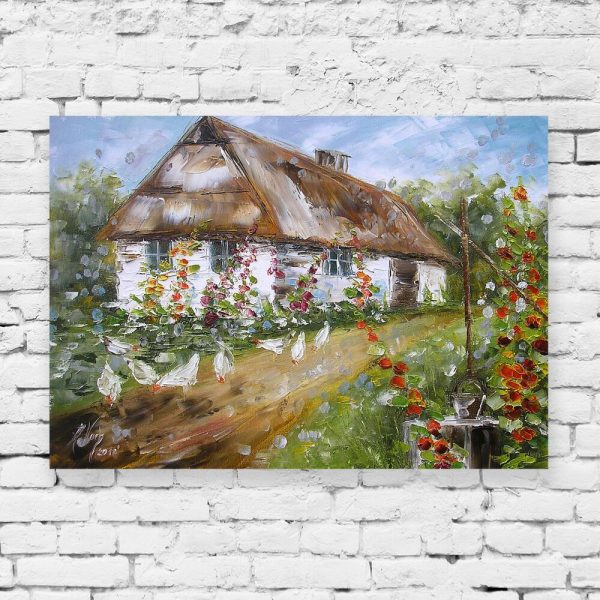 Obraz z chałupą na wsi