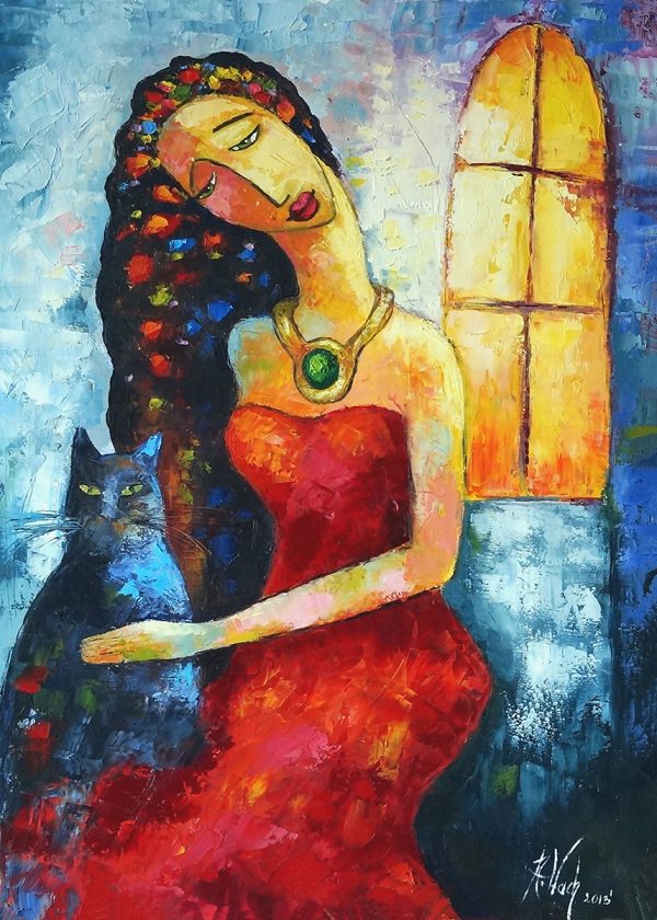 Obraz z dziewczyną i kotem