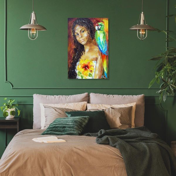 Obraz z dziewczyną i ptakiem