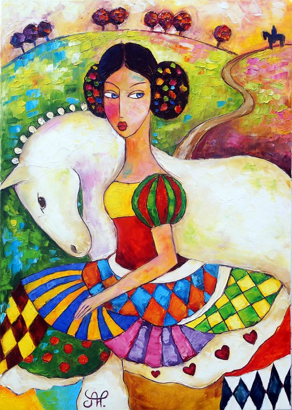 Obraz z kobietą i białym koniem