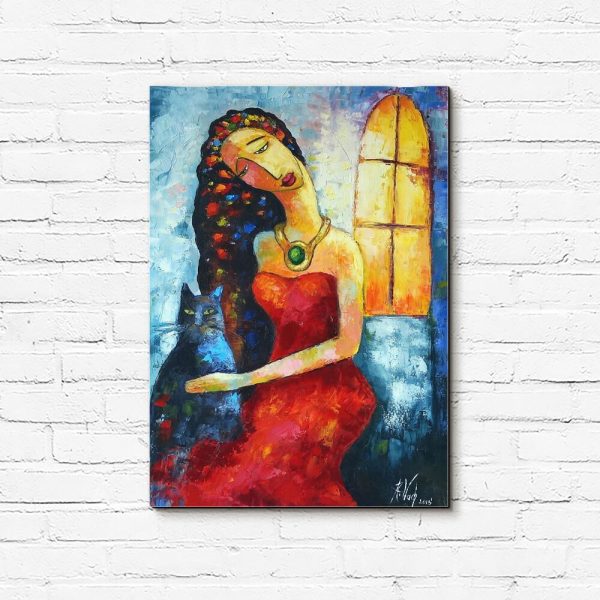 Obraz z kobietą i kotem