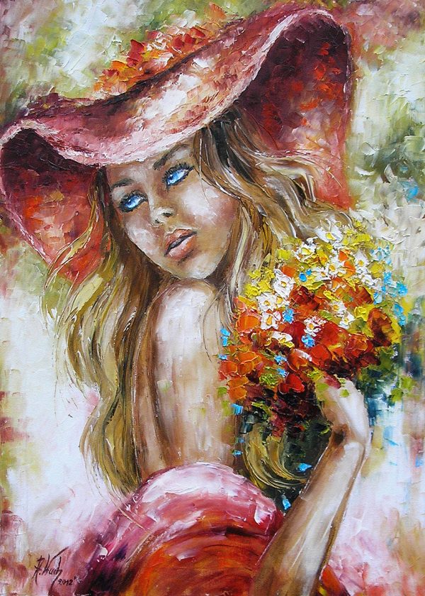 Obraz z kobietą w czerwonym kapeluszu