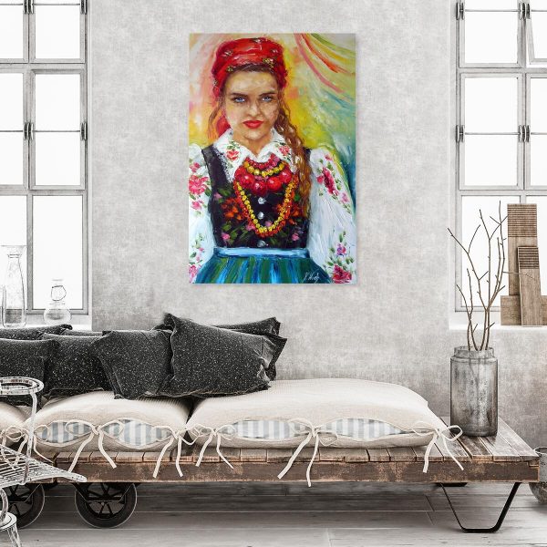 Obraz z motywem kobiety w folkowym stroju