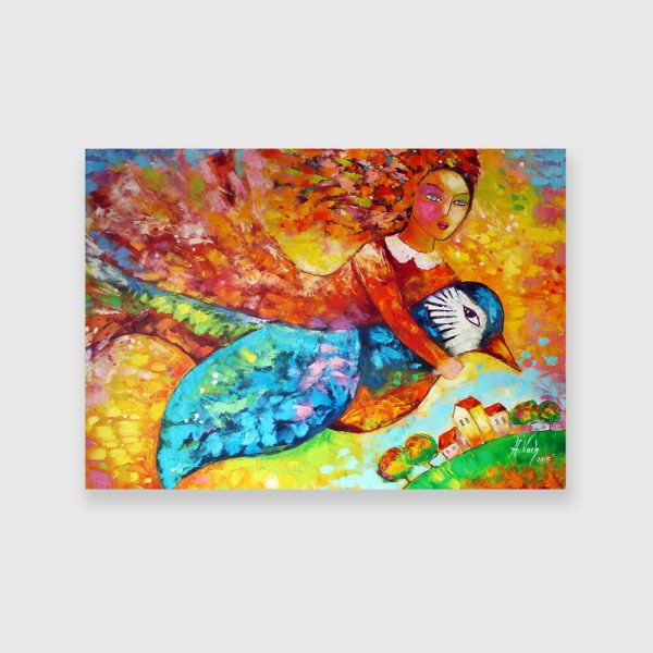 Obraz z ptakiem i dziewczyną