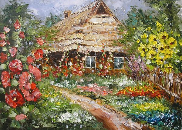 Obraz z wiejską chatą