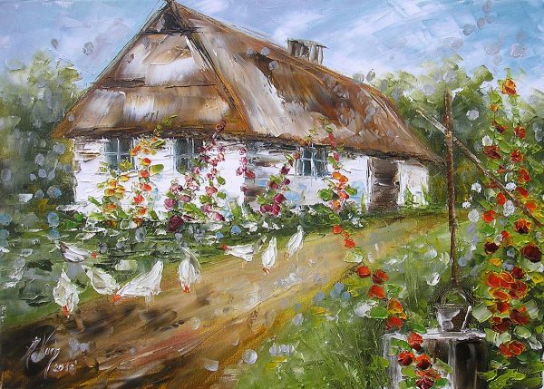 Obraz z wiejską chatą i kurami