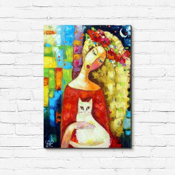 Obraz blondynka z kotem