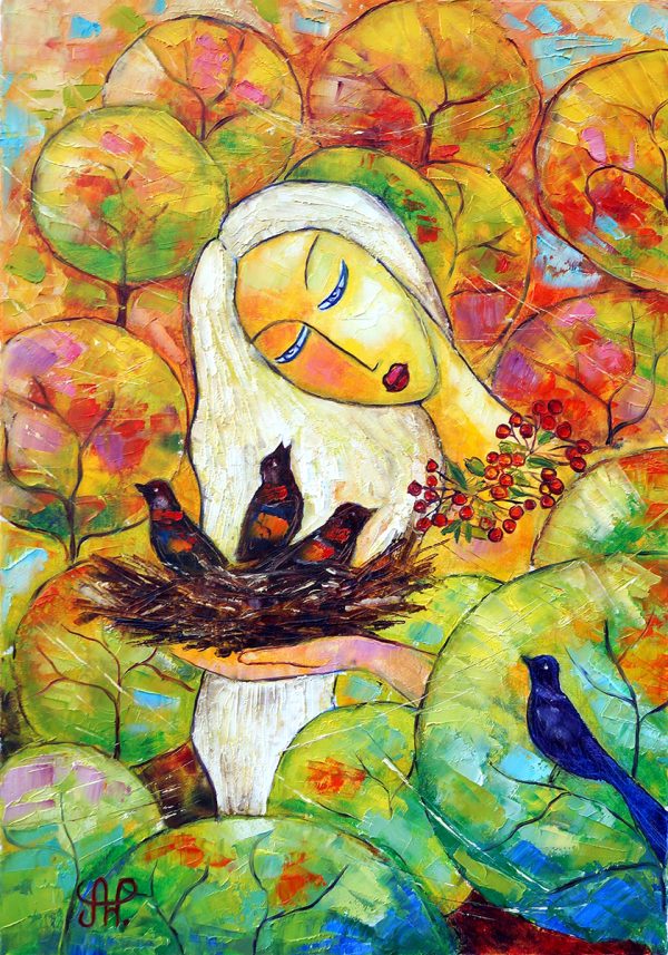 Obraz z dziewczyną i ptakami