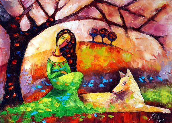 Obraz z kobietą i psem