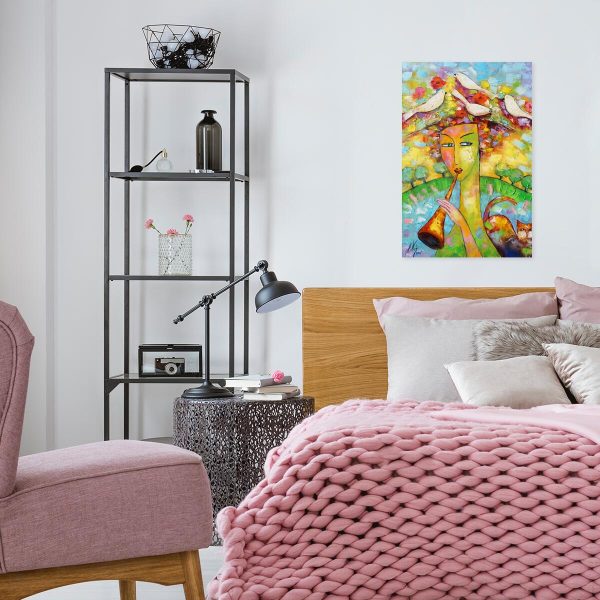 Obraz z kobietą i ptakami