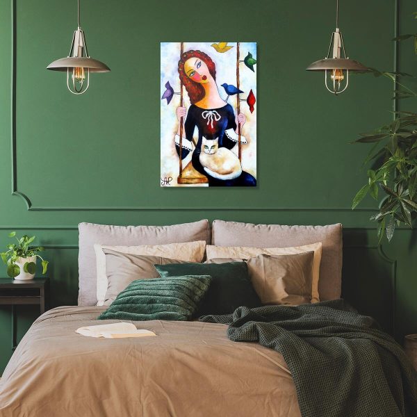 Obraz z kotem i ptakami