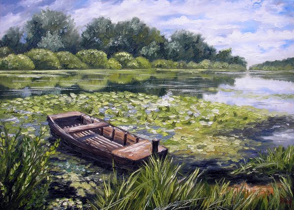 Obraz z łódką wśród nenufarów
