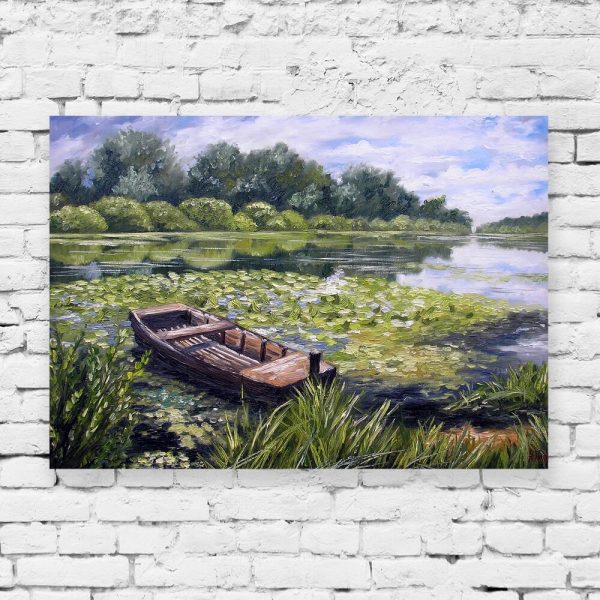 Obraz z łodzią przy nenufarach