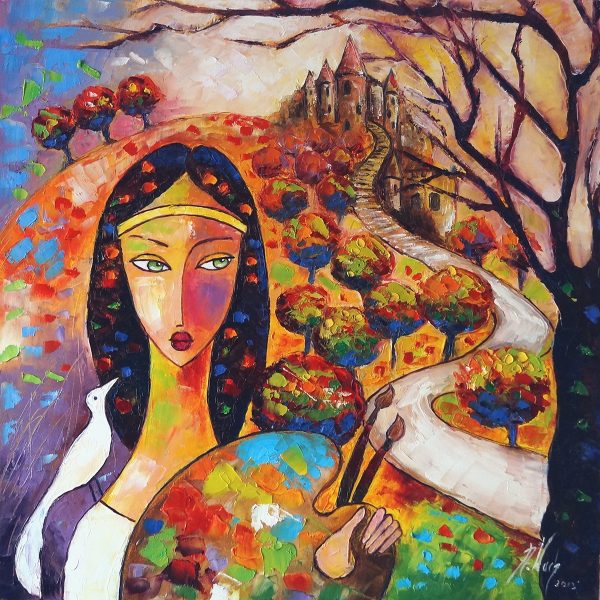 Obraz z malarką i pędzlami