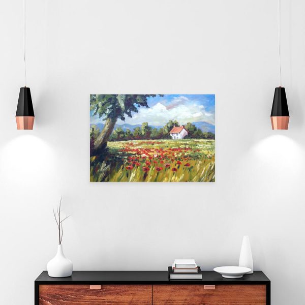 Obraz z motywem domu i pola ze zbożem