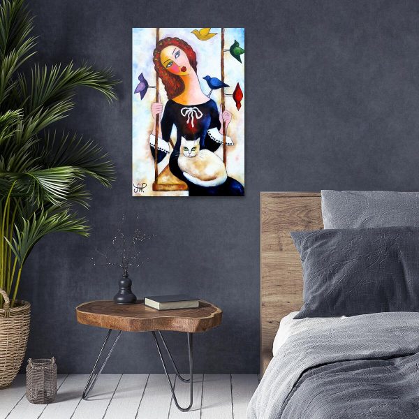 Obraz z rudowłosą i kotem