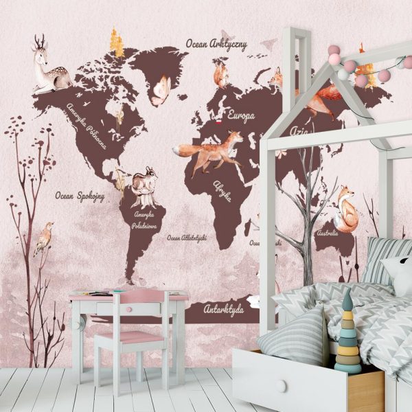 Foto-tapeta z mapą świata i zwierzątkami
