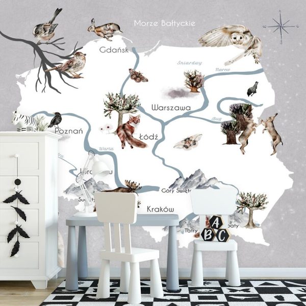 Fototapeta ze zwierzętami na tle mapy Polski