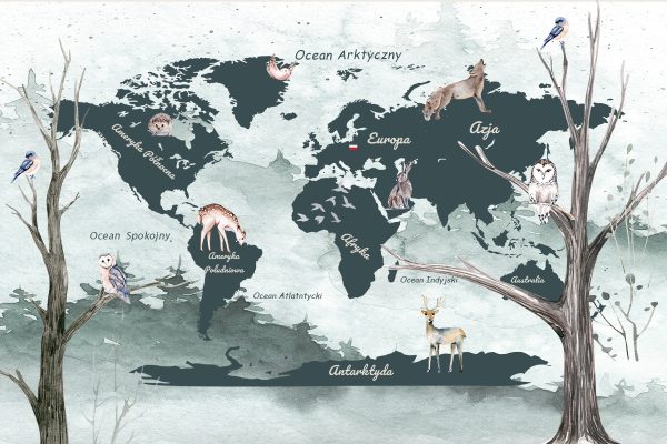 Tapeta z kontynentami i zwierzętami