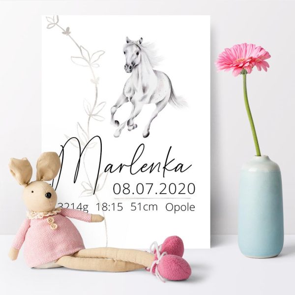 Plakat z metryczka i białym konikiem