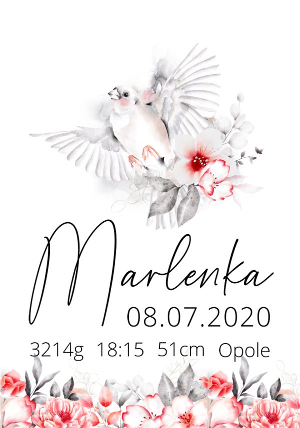 Plakat z ptaszkiem na metryczce