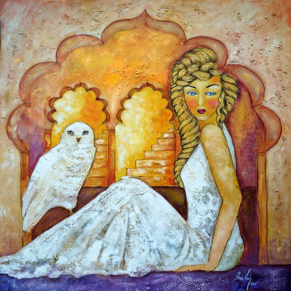 Obraz z kobietą i białą sową