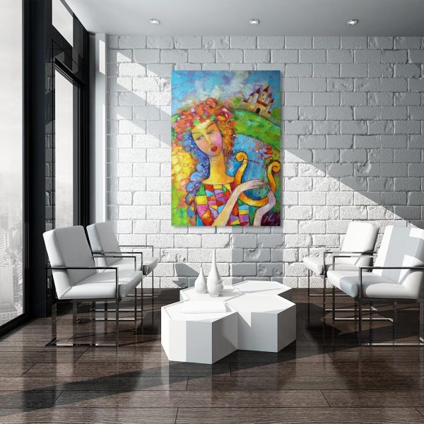 Obraz z kobietą i zamkiem w tle