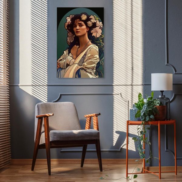 Obraz z kobietą i kwiatami we włosach