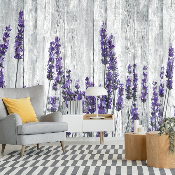 tapeta z motywem lawendy na deskach