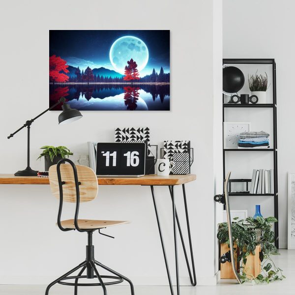 obraz z księżycem i drzewami