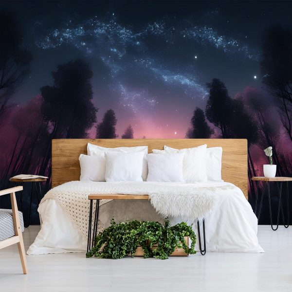 fototapeta wschód słońca w lesie