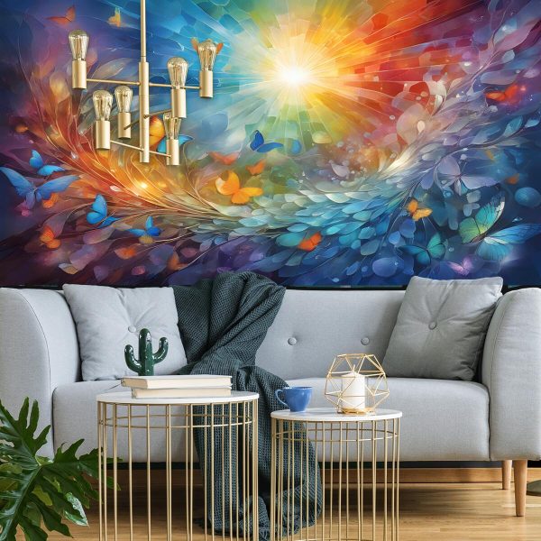 Tapeta słońce, motyle i tęcza