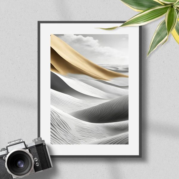 Plakat szaro-złoty z piaskiem