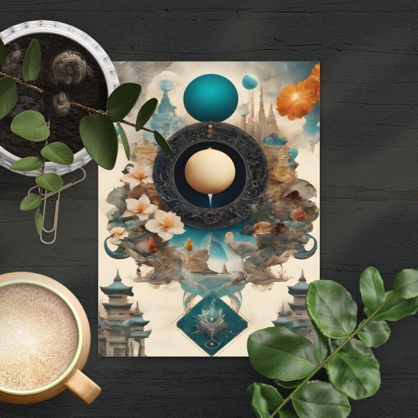 Plakat z abstrakcją i światyniami