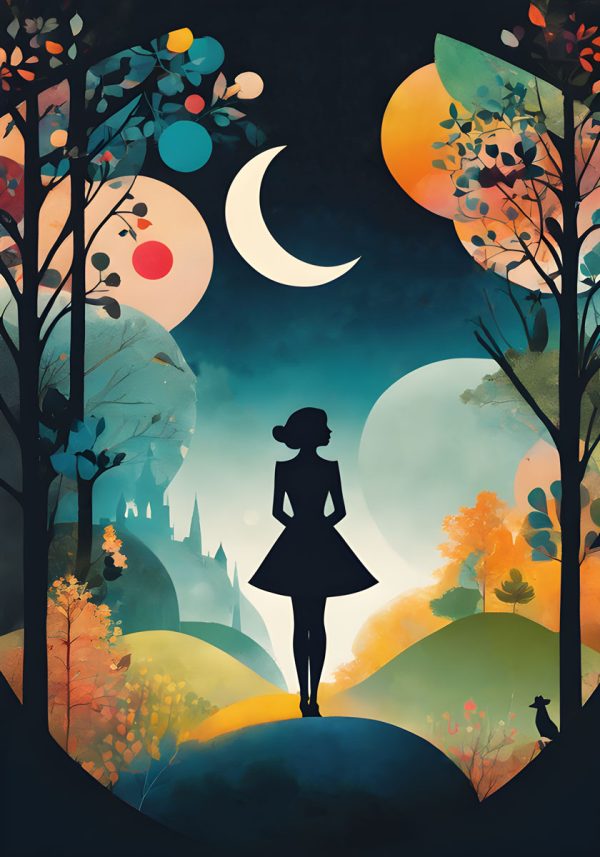 Plakat z motywem kobiety w lesie i zamek