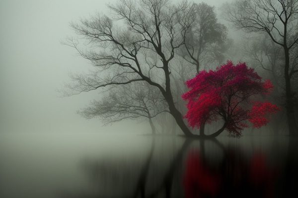 Mroczne drzewa w mglistym otoczeniu