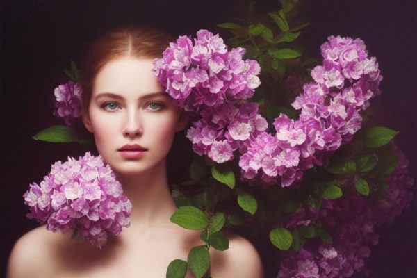Obraz dziewczyna w hortensjach